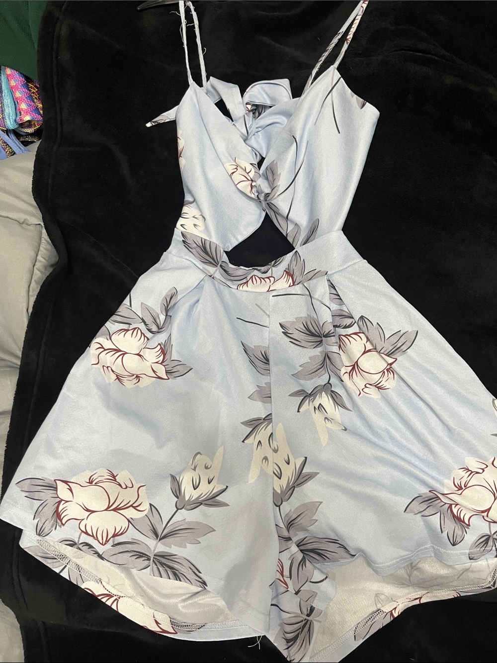 SHEIN Light Blue Floral Cutout Spaghetti-Strap Tunic Romper